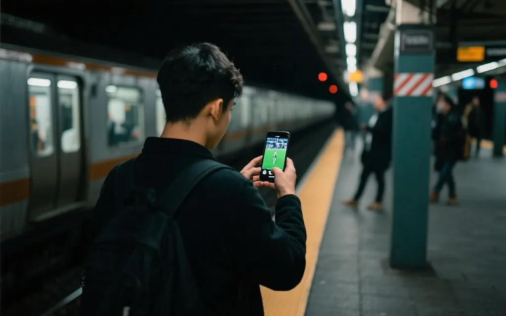 通勤与出差人群使用手机观看足球直播的场景,强调碎片时间观赛