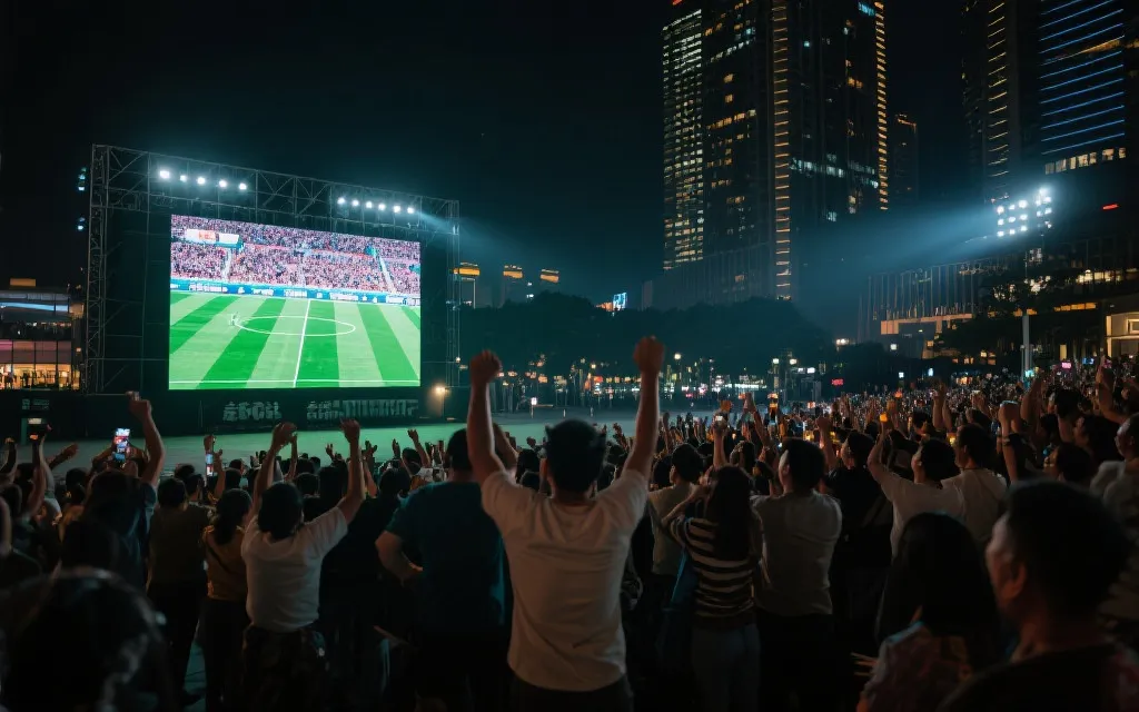 夜晚公共空间大屏播放足球比赛,观众围观,氛围感强